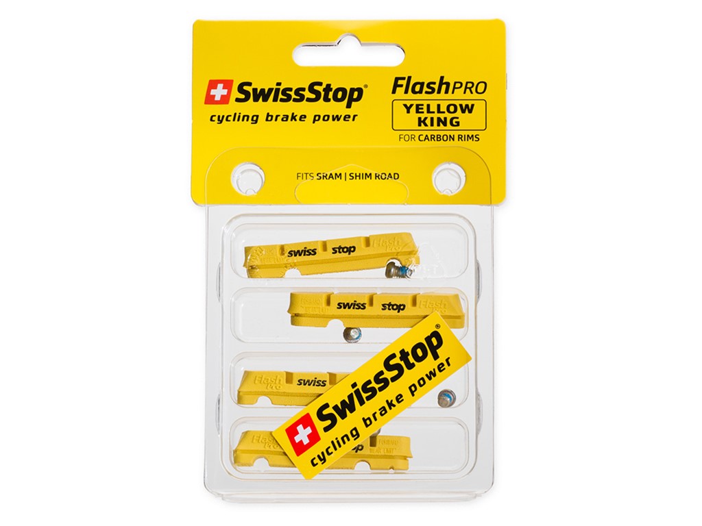 SwissStop FlashPro Yellow King Carbon jarrupalasetti vannejarruille ja hiilikuituvanteille.